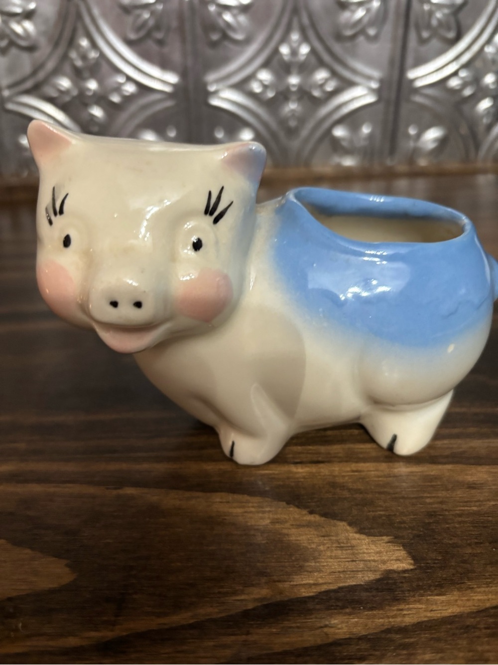 Vintage Ceramic Pig Planter - Blue and Cream